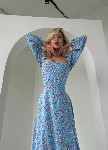 Голубое кэжуал платье клеш, с открытой спиной Fashion с цветочным принтом