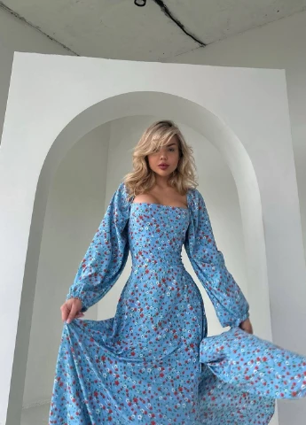 Голубое кэжуал платье клеш, с открытой спиной Fashion с цветочным принтом