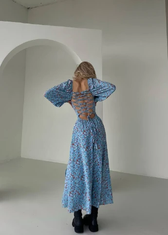 Голубое кэжуал платье клеш, с открытой спиной Fashion с цветочным принтом