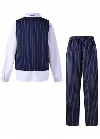 Темно-синий демисезонный костюм (рубашка, жилет, брюки) тройка, с рубашкой, брючный SHEIN