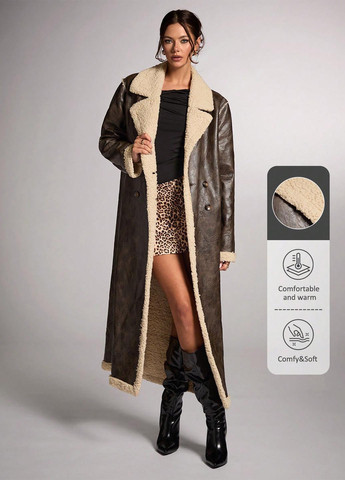 Темно-коричневе зимнє Пальто двобортне SHEIN