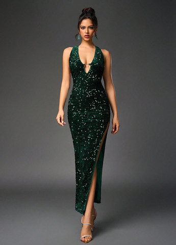 Смарагдова вечірня сукня силуетна, з відкритою спиною SHEIN однотонна