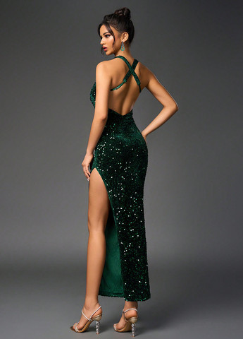 Смарагдова вечірня сукня силуетна, з відкритою спиною SHEIN однотонна