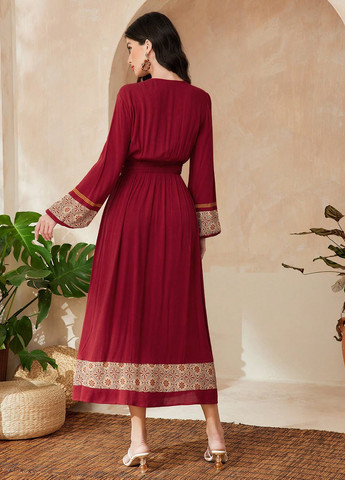 Вишнева кежуал сукня кльош SHEIN з орнаментом