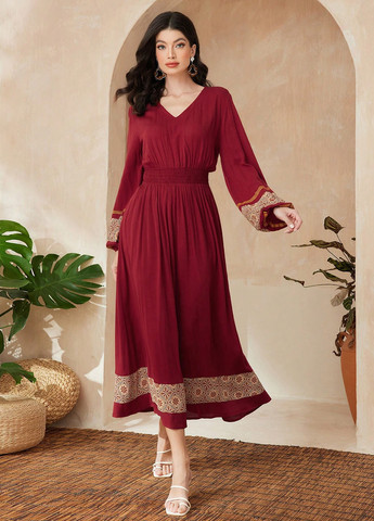 Вишнева кежуал сукня кльош SHEIN з орнаментом