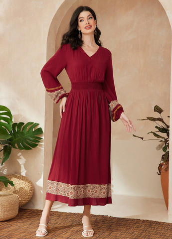 Вишнева кежуал сукня кльош SHEIN з орнаментом