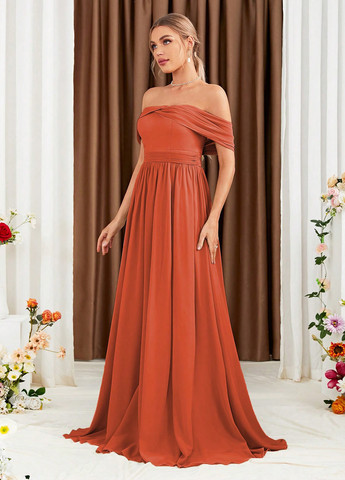 Терракотовое кэжуал платье с юбкой-солнце, с открытыми плечами SHEIN однотонное