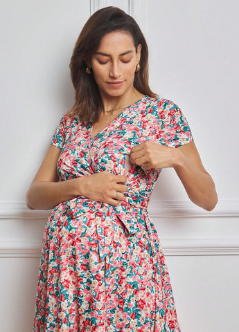 Рожева кежуал сукня для вагітних і годуючих з спідницею-сонце, в стилі армпір SHEIN з квітковим принтом