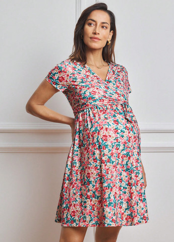 Рожева кежуал сукня для вагітних і годуючих з спідницею-сонце, в стилі армпір SHEIN з квітковим принтом