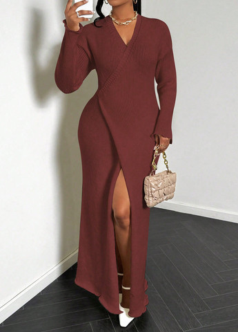 Бордова святковий, вечірня, кежуал сукня на запах, сукня светр SHEIN однотонна