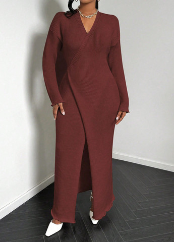 Бордова святковий, вечірня, кежуал сукня на запах, сукня светр SHEIN однотонна