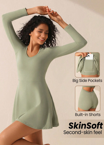 Серо-зеленое спортивное платье клеш, с открытой спиной SHEIN однотонное