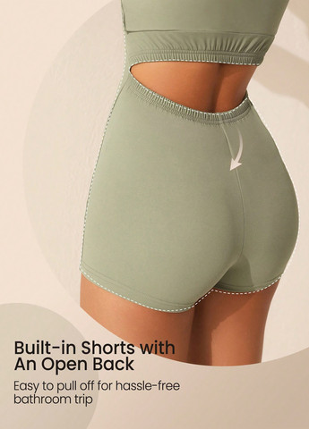 Серо-зеленое спортивное платье клеш, с открытой спиной SHEIN однотонное