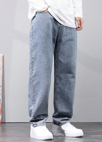 Голубые демисезонные свободные джинсы SHEIN