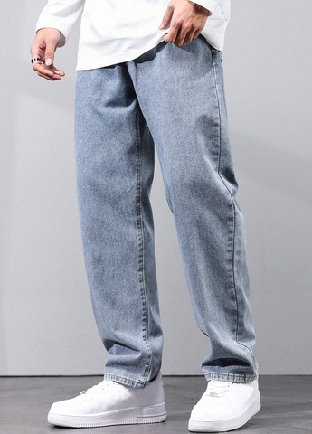 Голубые демисезонные свободные джинсы SHEIN