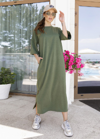Оливковое (хаки) повседневный платье женское платье-футболка ISSA PLUS однотонное