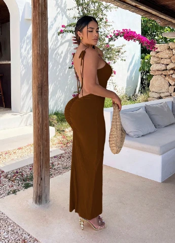 Коричневое кэжуал платье платье-комбинация SHEIN однотонное