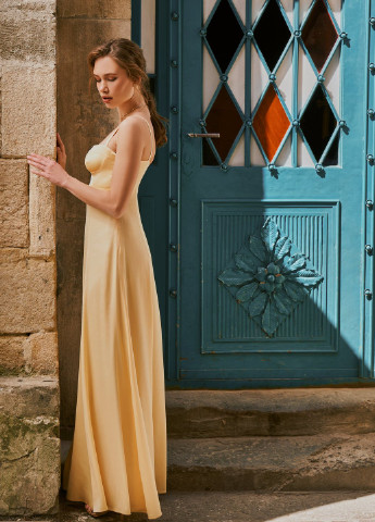 Желтое вечернее шелковое платье лимонного цвета Gepur однотонное