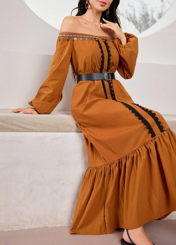 Гірчична кежуал сукня з відкритими плечима SHEIN однотонна