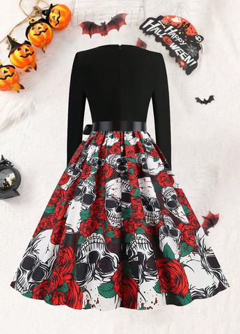 Комбинированное кэжуал платье с юбкой-солнце SHEIN череп