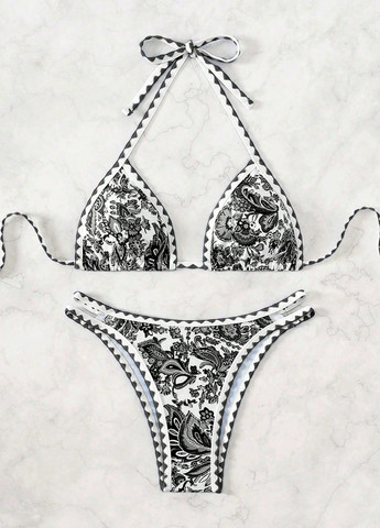 Черно-белый демисезонный купальник (лиф, трусики) бикини, раздельный SHEIN
