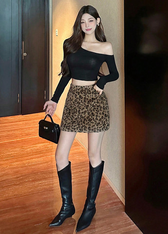 Коричневая кэжуал леопардовая юбка SHEIN а-силуэта (трапеция)