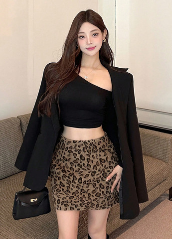 Коричневая кэжуал леопардовая юбка SHEIN а-силуэта (трапеция)