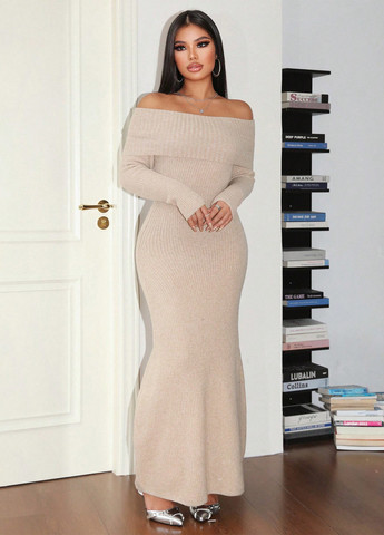 Светло-бежевое кэжуал платье годе, с открытыми плечами SHEIN однотонное