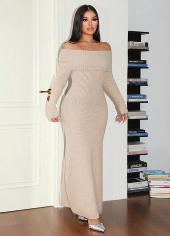 Светло-бежевое кэжуал платье годе, с открытыми плечами SHEIN однотонное