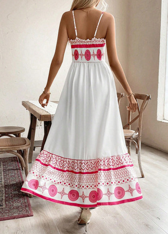 Белое праздничный, пляжное, кэжуал платье а-силуэт SHEIN с орнаментом