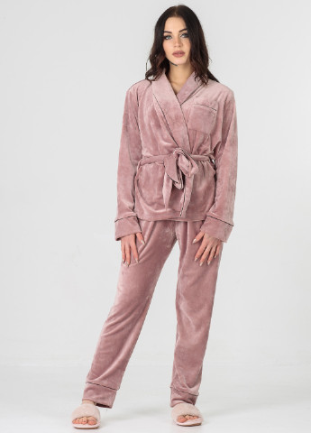 Рожева всесезон велюрова рожева піжама (халат + штани) кофта + брюки SONTSVIT