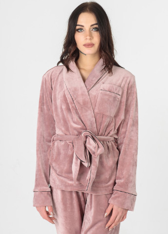Розовая всесезон велюровая розовая пижама (халат+штаны) кофта + брюки SONTSVIT