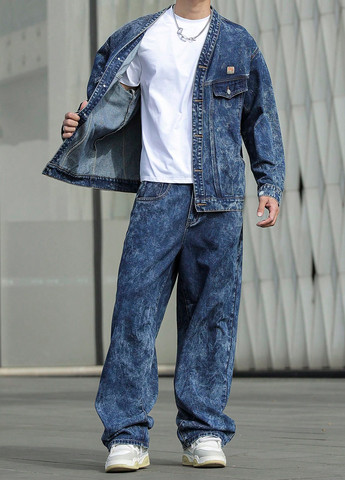 Темно-синий демисезонный костюм (куртка, джинсы) брючный SHEIN