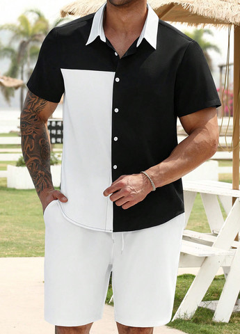 Чорно-білий літній костюм (сорочка, шорти) з шортами, з сорочкою SHEIN
