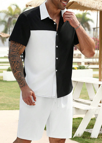 Чорно-білий літній костюм (сорочка, шорти) з шортами, з сорочкою SHEIN