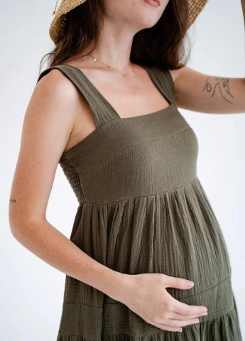 Летний женский муслиновый сарафан для беременных регулируемые бретельки хаки To Be однотонный