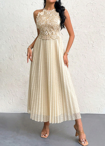 Кремовое праздничный, вечернее платье с открытыми плечами SHEIN однотонное