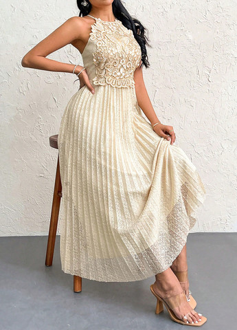 Кремовое праздничный, вечернее платье с открытыми плечами SHEIN однотонное