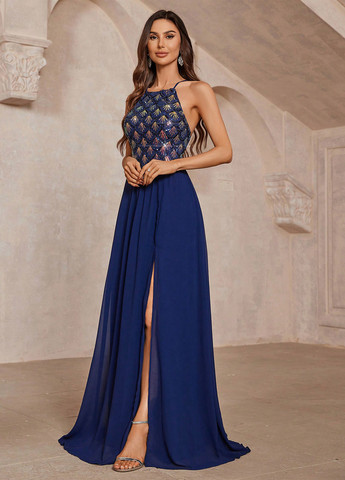 Темно-синее вечернее платье с открытой спиной, клеш SHEIN однотонное