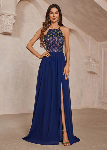 Темно-синее вечернее платье с открытой спиной, клеш SHEIN однотонное