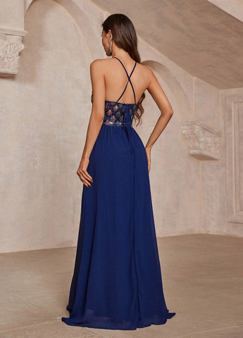 Темно-синее вечернее платье с открытой спиной, клеш SHEIN однотонное