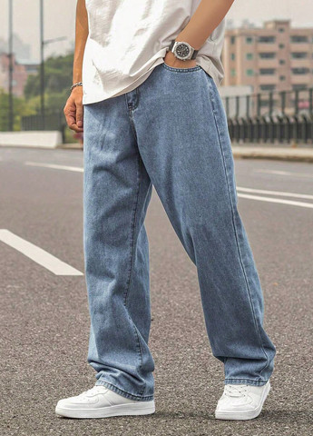 Синие демисезонные свободные джинсы SHEIN