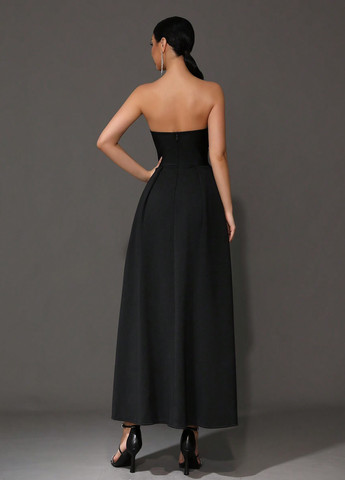 Черное вечернее платье бандо SHEIN однотонное