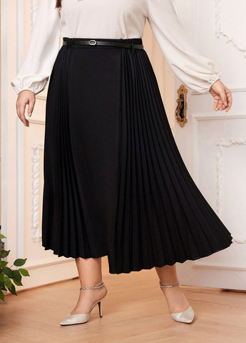 Черная офисная, кэжуал однотонная юбка SHEIN клешированная, а-силуэта (трапеция)