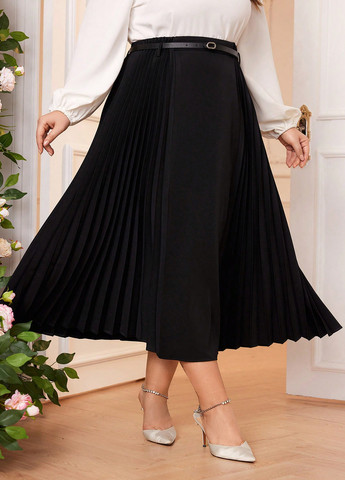 Черная офисная, кэжуал однотонная юбка SHEIN клешированная, а-силуэта (трапеция)