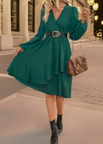 Темно-зеленое кэжуал платье клеш, на запах SHEIN однотонное