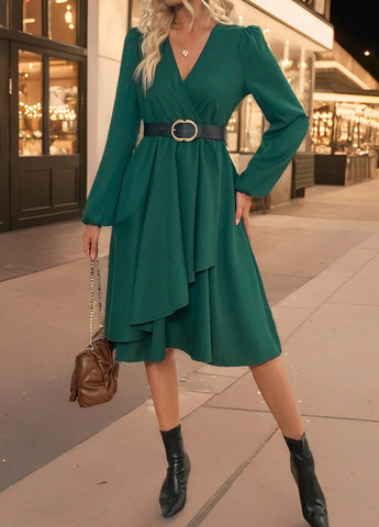 Темно-зеленое кэжуал платье клеш, на запах SHEIN однотонное