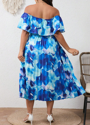 Синее кэжуал платье а-силуэт, с открытыми плечами, плиссированное SHEIN с цветочным принтом