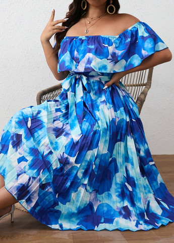 Синее кэжуал платье а-силуэт, с открытыми плечами, плиссированное SHEIN с цветочным принтом