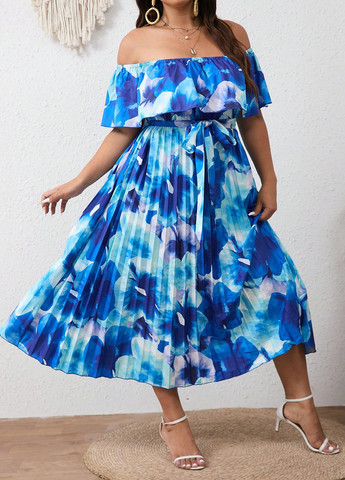 Синее кэжуал платье а-силуэт, с открытыми плечами, плиссированное SHEIN с цветочным принтом